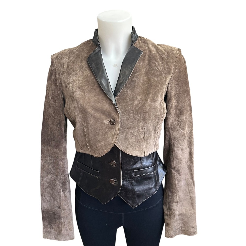 June Leather 2 Pc Brown Plunge Neck Leather Vest & Cropped Leather Jacket‎ Small
